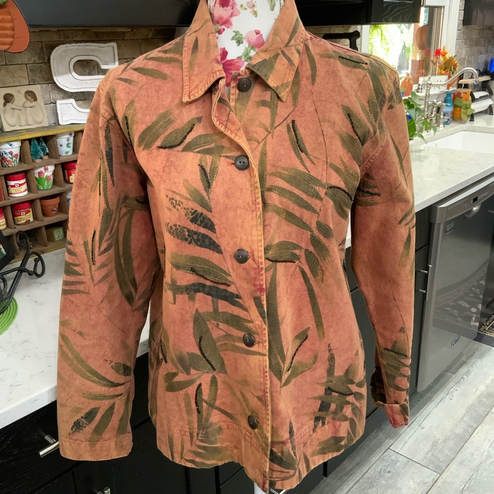 Chico’s Vintage Rust Denim Jacket Size Large Beaded Leaf Motif Button Front Boho